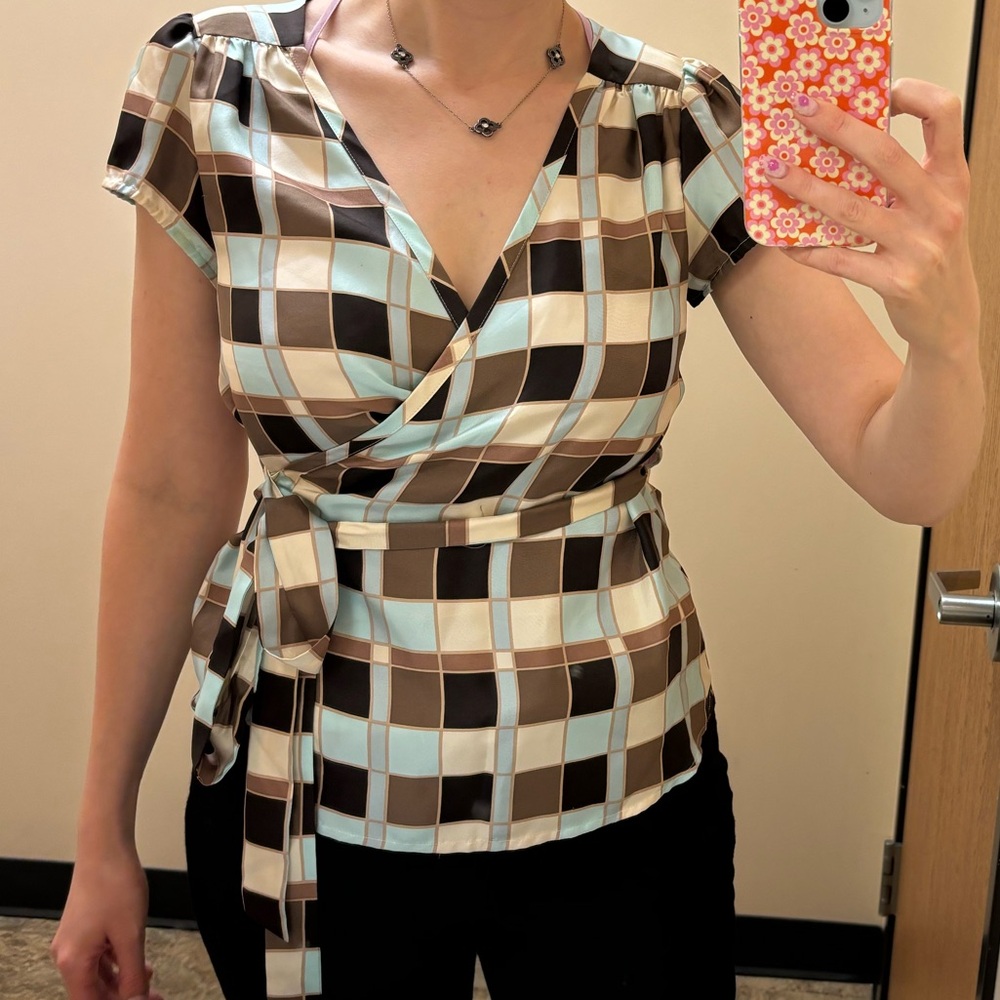 Banana Republic plaid blue and brown blouse, 100% silk, small petite
